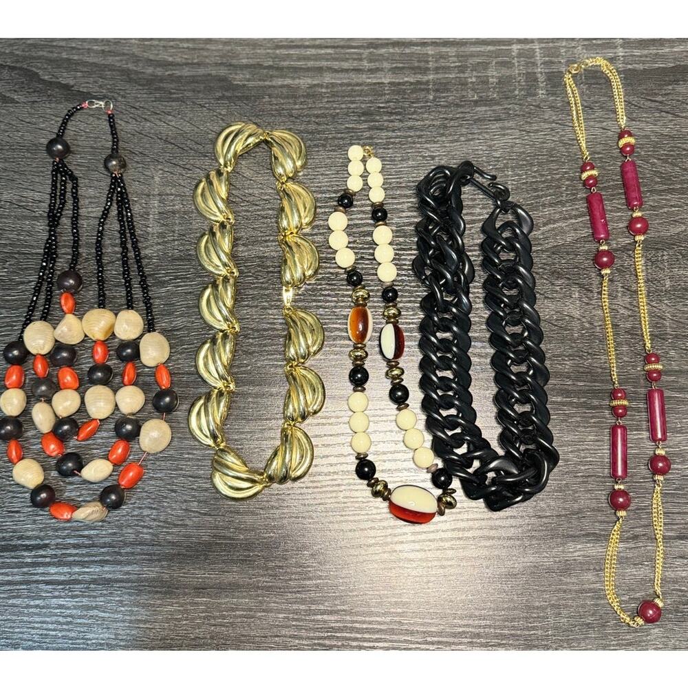 Vintage Lot of 5 Black Cream‎ Gold Red Maroon Tone Statement Beaded Necklaces
